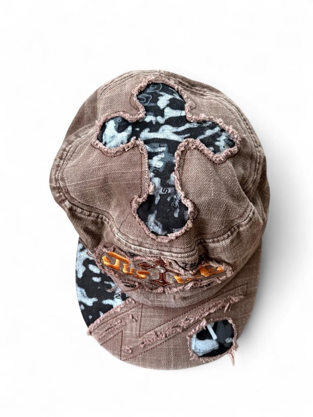 7 For All Mankind Brown Distressed Cap with Black & Gray Camo Cross Patch